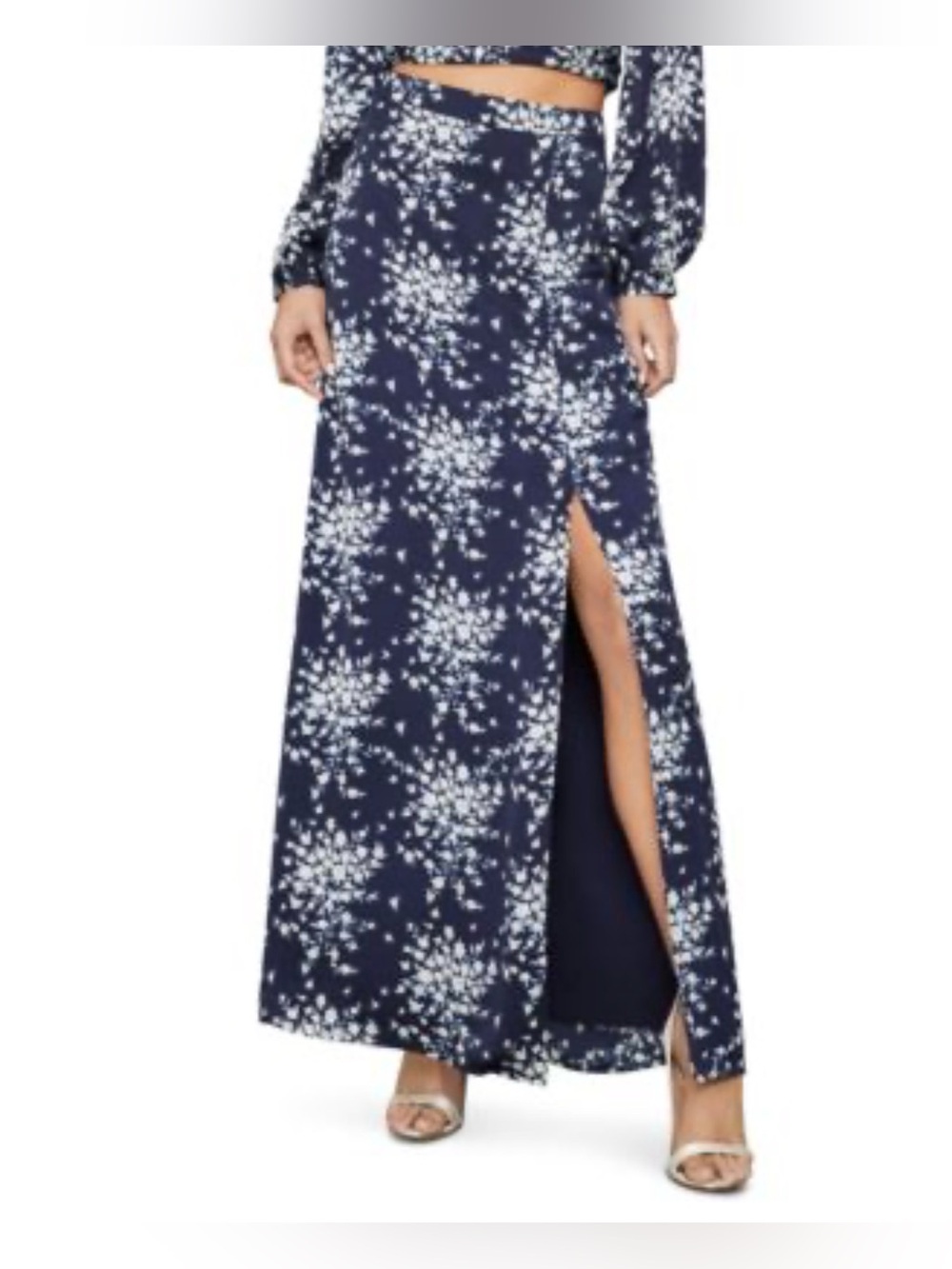 BCBGMaxAzria Navy and White Floral Maxi Skirt with High Side Slit